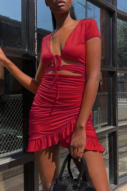Hollowed Out Flounce V Neck Wrapped Skirt Dresses