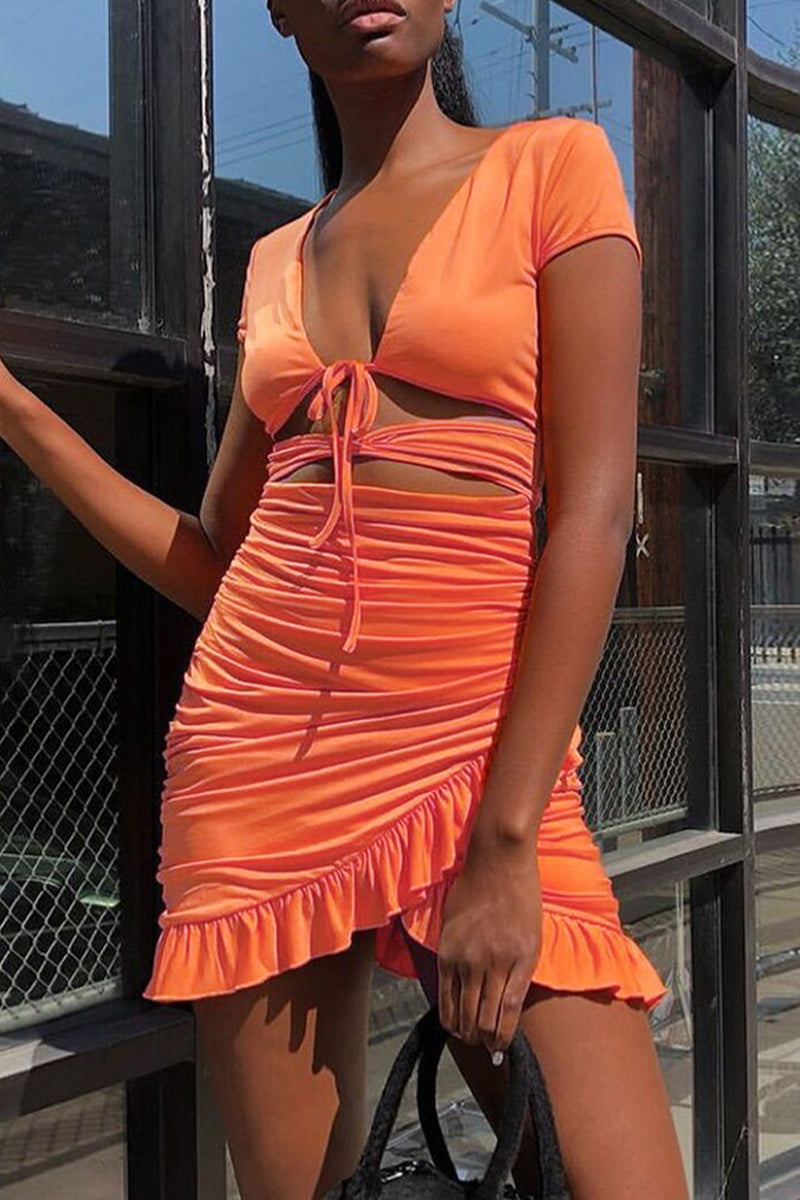 Hollowed Out Flounce V Neck Wrapped Skirt Dresses