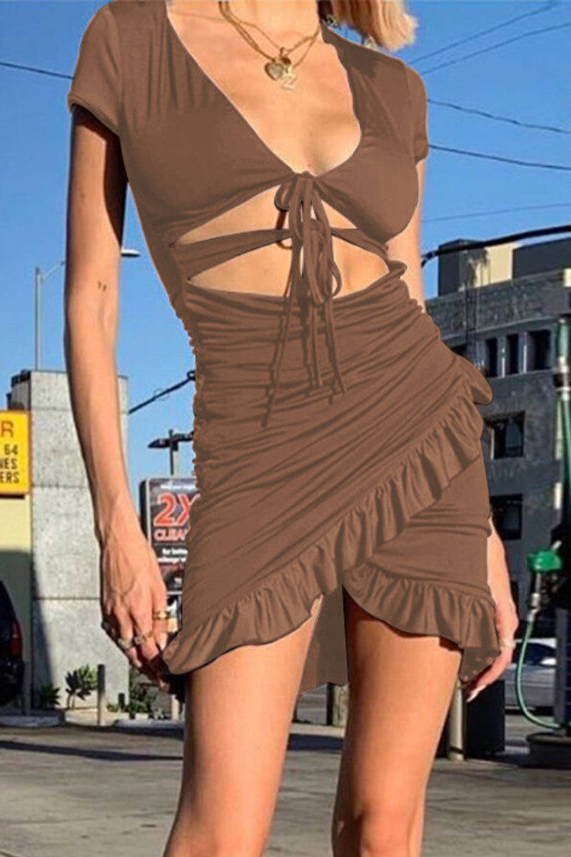 Hollowed Out Flounce V Neck Wrapped Skirt Dresses