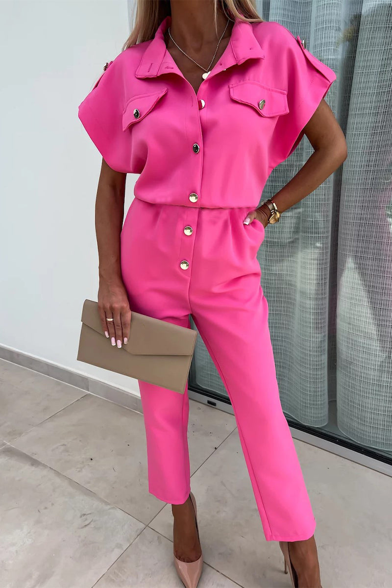Buttons Turndown Collar Straight Jumpsuits