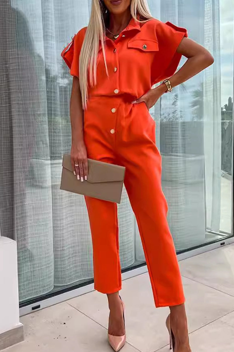 Buttons Turndown Collar Straight Jumpsuits