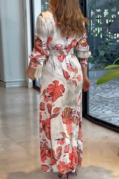 Print Patchwork V Neck Long Dresses