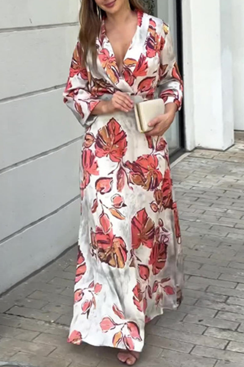 Print Patchwork V Neck Long Dresses