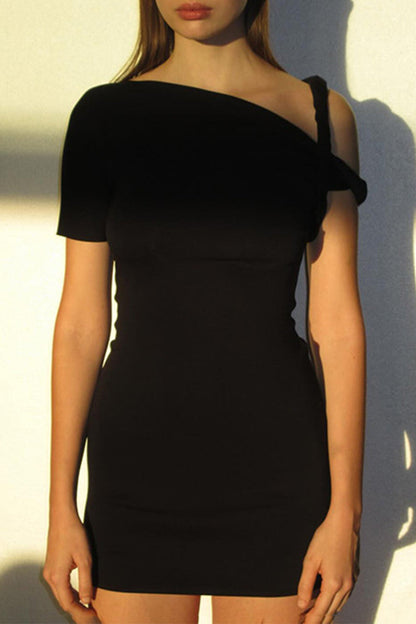 Patch Oblique Collar Wrapped Skirt Dresses
