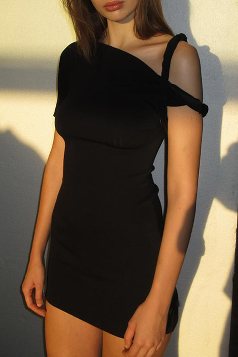 Patch Oblique Collar Wrapped Skirt Dresses