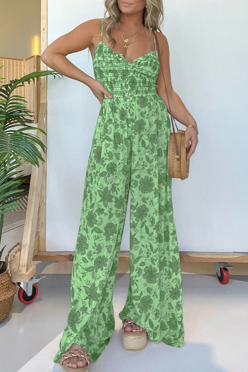 Print Flowers Fold V Neck Loose Jumpsuits