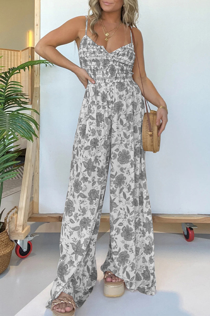 Print Flowers Fold V Neck Loose Jumpsuits