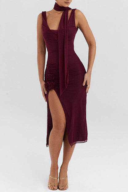 Slit Mesh Scarf Collar Wrapped Skirt Dresses