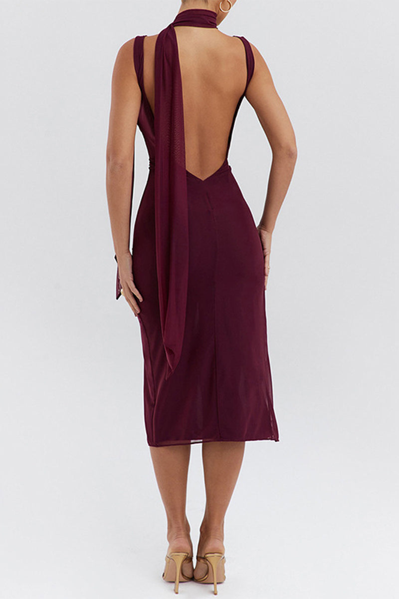 Slit Mesh Scarf Collar Wrapped Skirt Dresses