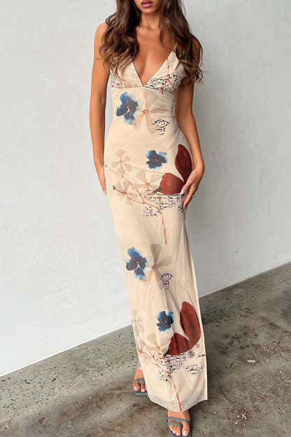 Print Butterfly Flowers Slit V Neck One Step Skirt Dresses