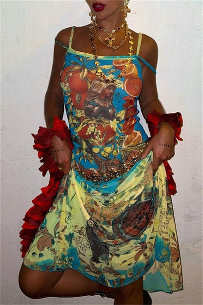 Print Backless Spaghetti Strap Long Dresses