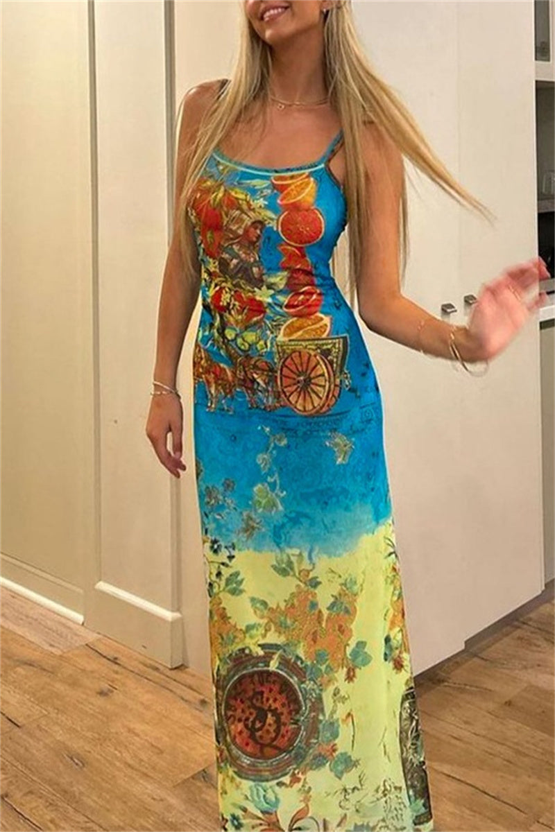 Print Backless Spaghetti Strap Long Dresses
