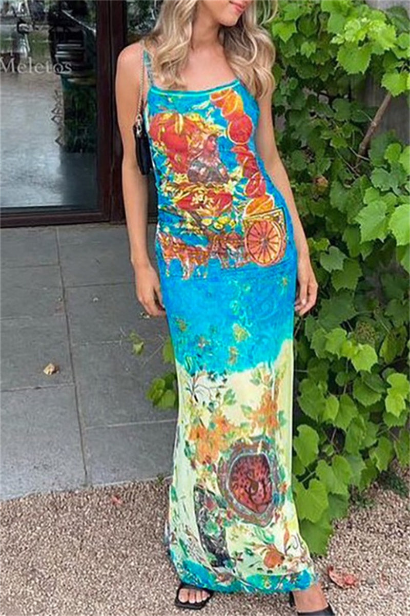 Print Backless Spaghetti Strap Long Dresses