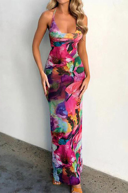 Flowers Frenulum Backless Halter One Step Skirt Dresses