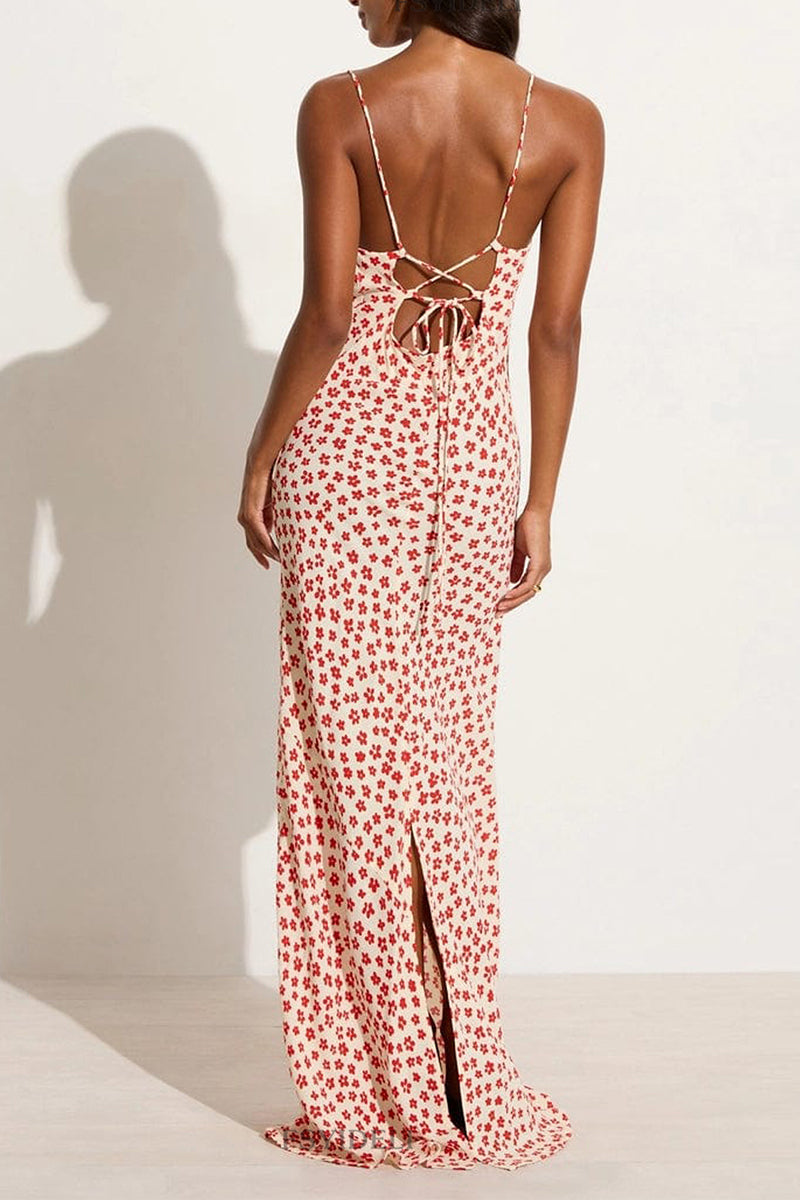 Print Flowers Backless Strap Design U Neck One Step Skirt Dresses(3 Colors)