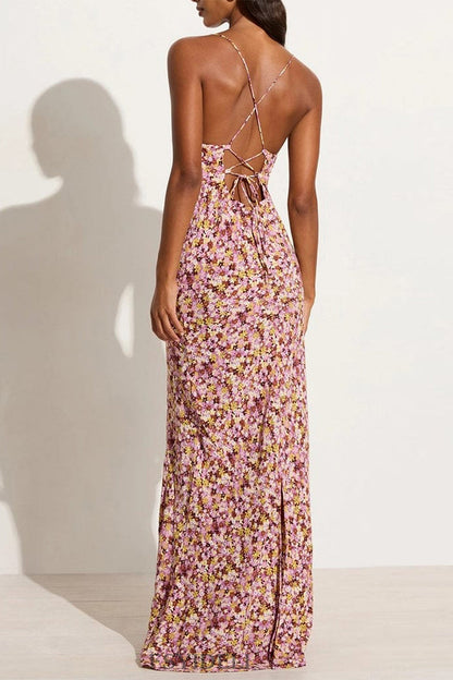 Print Flowers Backless Strap Design U Neck One Step Skirt Dresses(3 Colors)