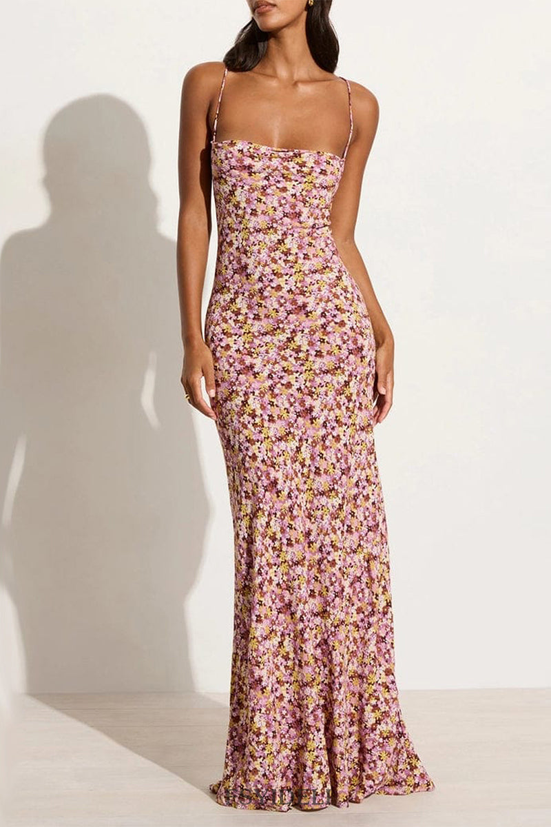 Print Flowers Backless Strap Design U Neck One Step Skirt Dresses(3 Colors)