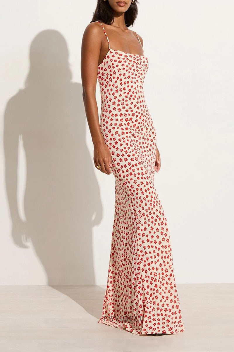 Print Flowers Backless Strap Design U Neck One Step Skirt Dresses(3 Colors)
