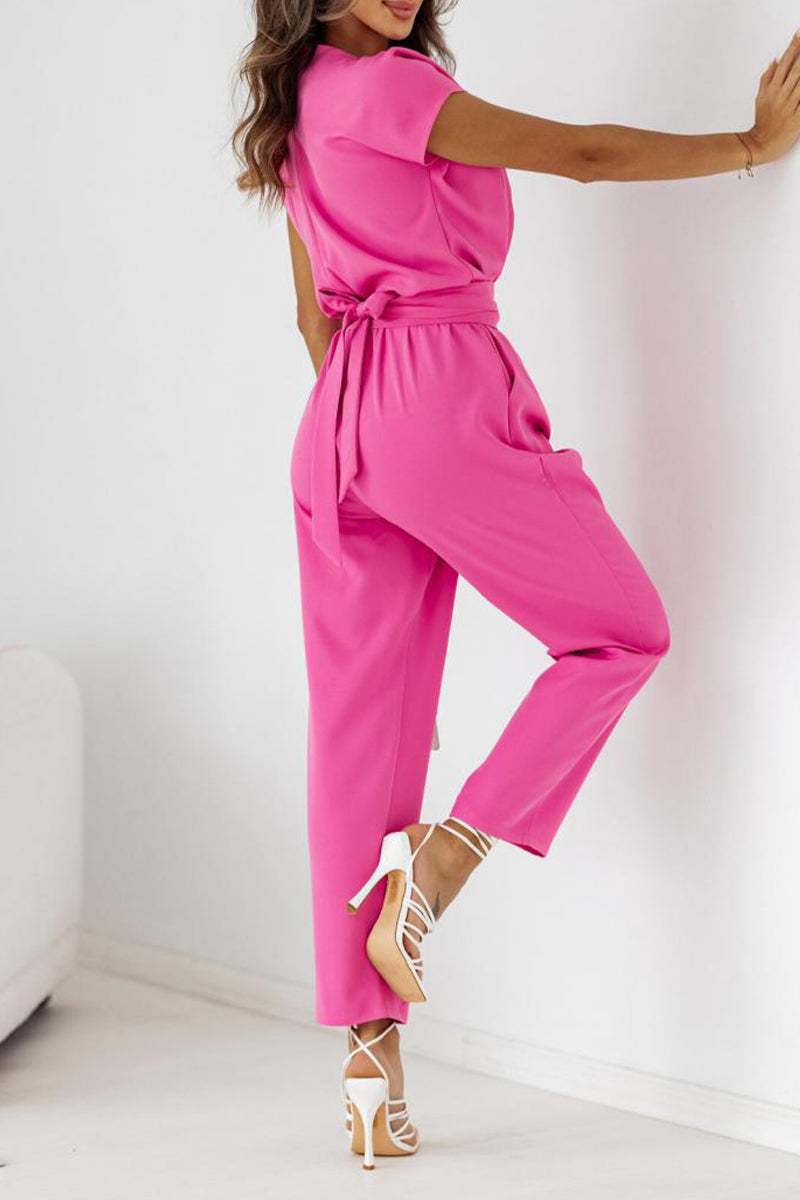 British Style Bandage Pocket V Neck Regular Jumpsuits(4 Colors)