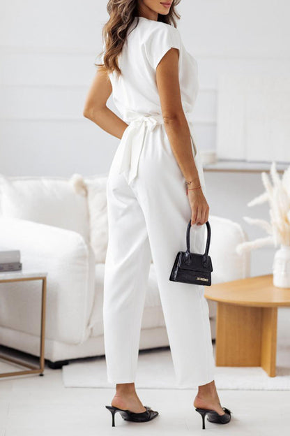 British Style Bandage Pocket V Neck Regular Jumpsuits(4 Colors)