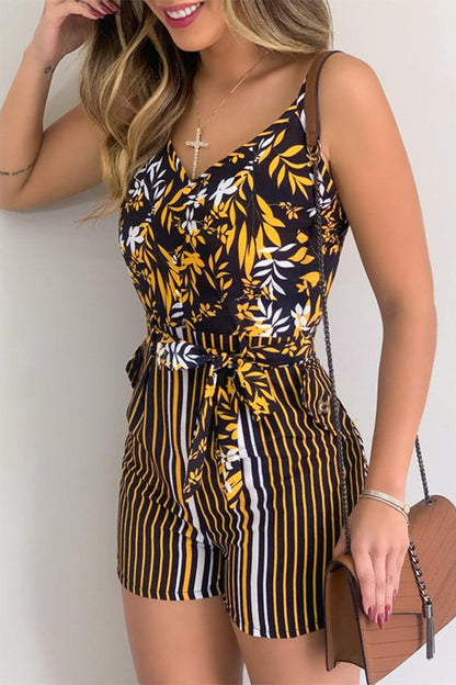 Geometric Print Bandage Patchwork V Neck Regular Rompers