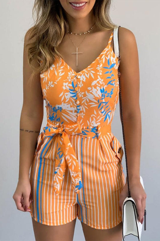 Geometric Print Bandage Patchwork V Neck Regular Rompers