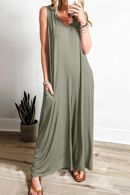 Simplicity Pocket V Neck Loose Jumpsuits