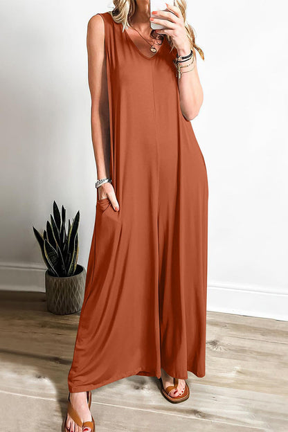 Simplicity Pocket V Neck Loose Jumpsuits