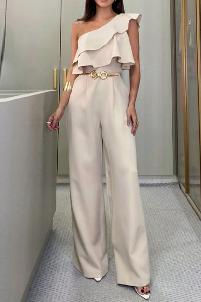 Patchwork Backless Oblique Collar Regular Jumpsuits (without Belt)