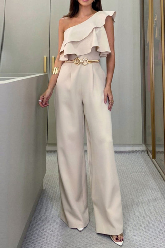 Patchwork Backless Oblique Collar Regular Jumpsuits (without Belt)