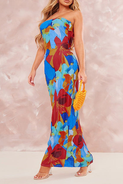 Print Patchwork Fold Strapless Pencil Skirt Dresses