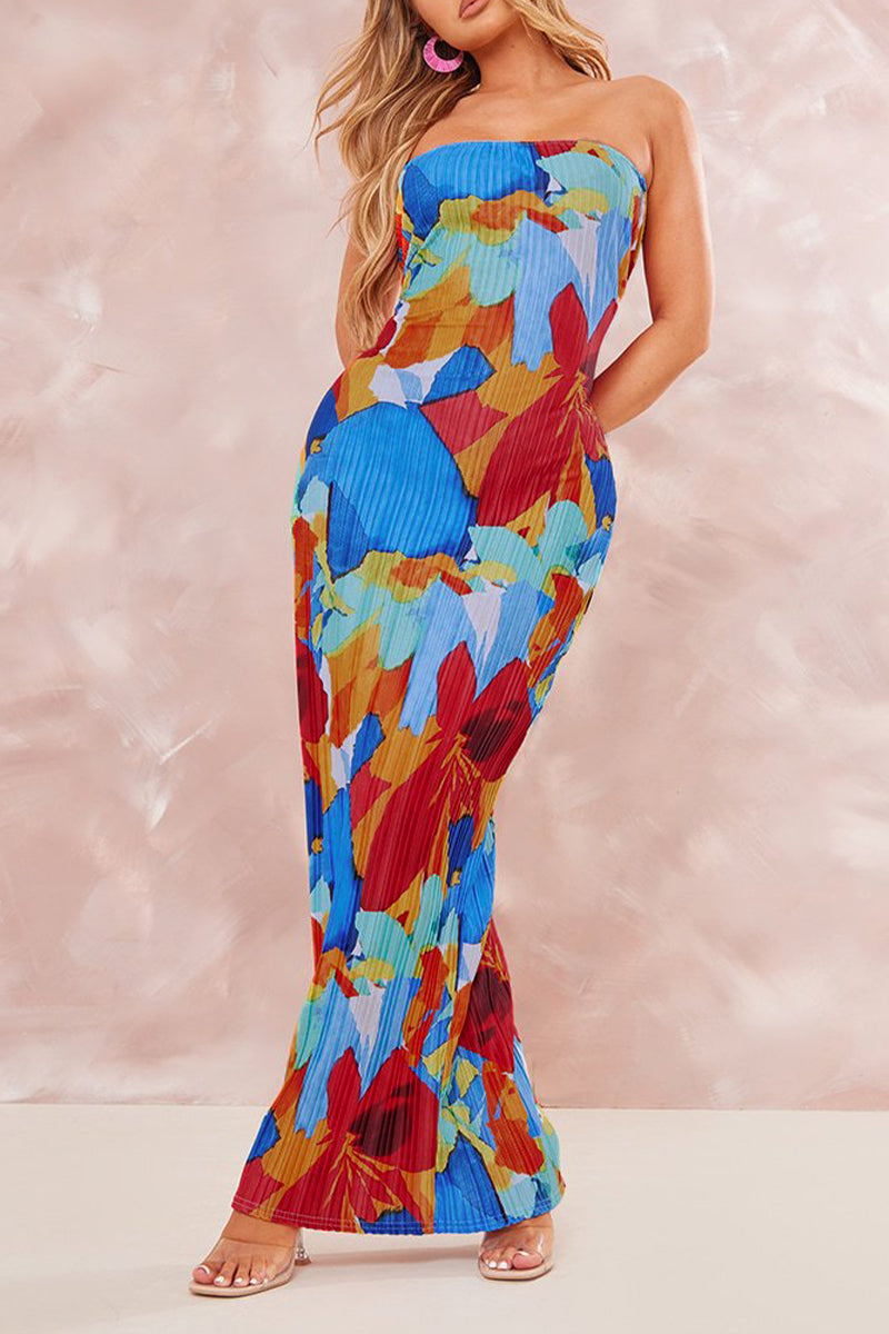 Print Patchwork Fold Strapless Pencil Skirt Dresses