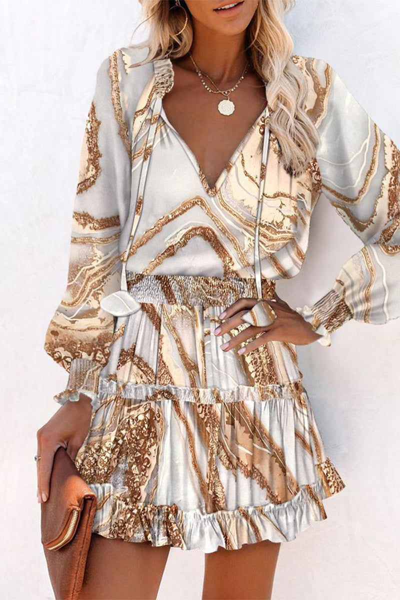 Geometric Print Frenulum Flounce Fold V Neck Waist Skirt Dresses