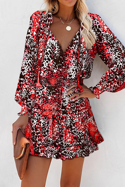 Geometric Print Frenulum Flounce Fold V Neck Waist Skirt Dresses