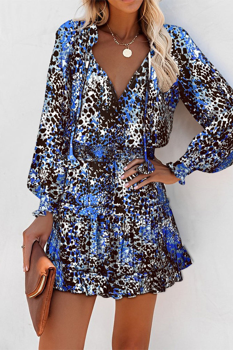 Geometric Print Frenulum Flounce Fold V Neck Waist Skirt Dresses
