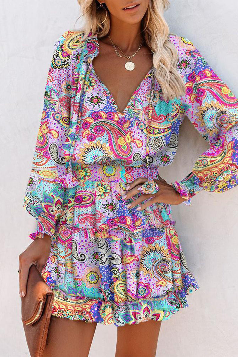 Geometric Print Frenulum Flounce Fold V Neck Waist Skirt Dresses