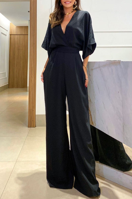 Frenulum Backless V Neck Loose Jumpsuits