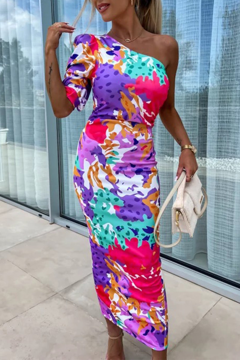 Contrast Oblique Collar One Step Skirt Dresses