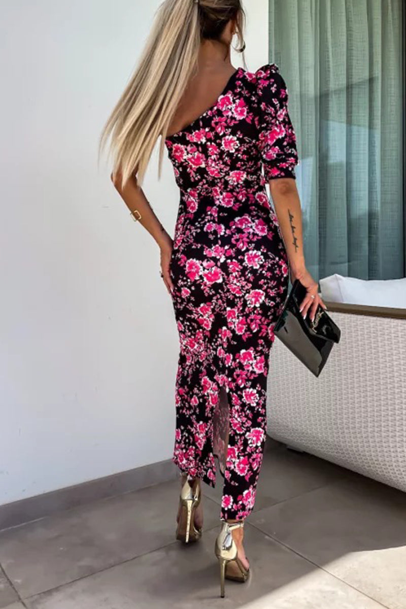 Contrast Oblique Collar One Step Skirt Dresses