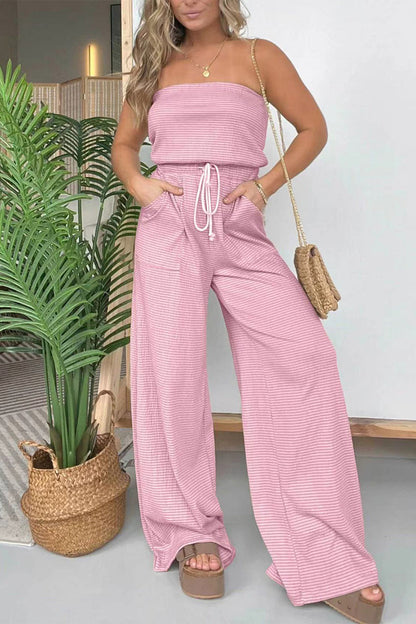 Striped Draw String Pocket Strapless Regular Jumpsuits