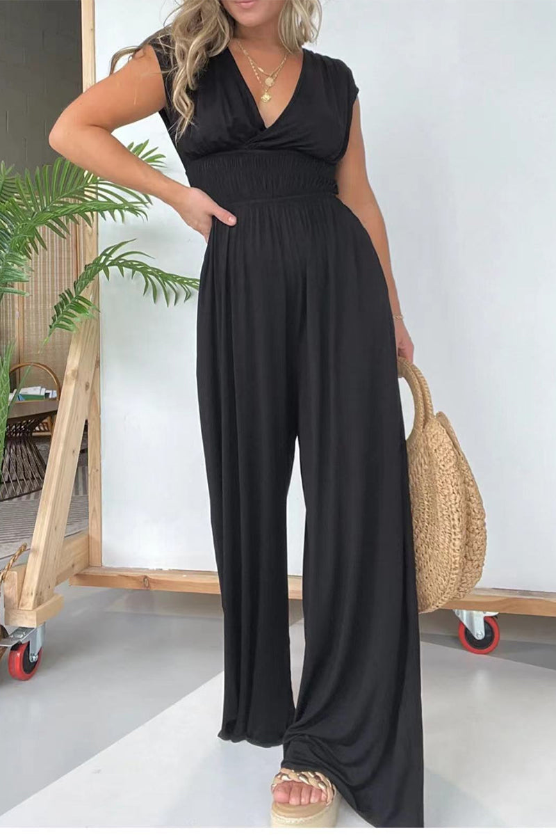 Fold V Neck Loose Jumpsuits