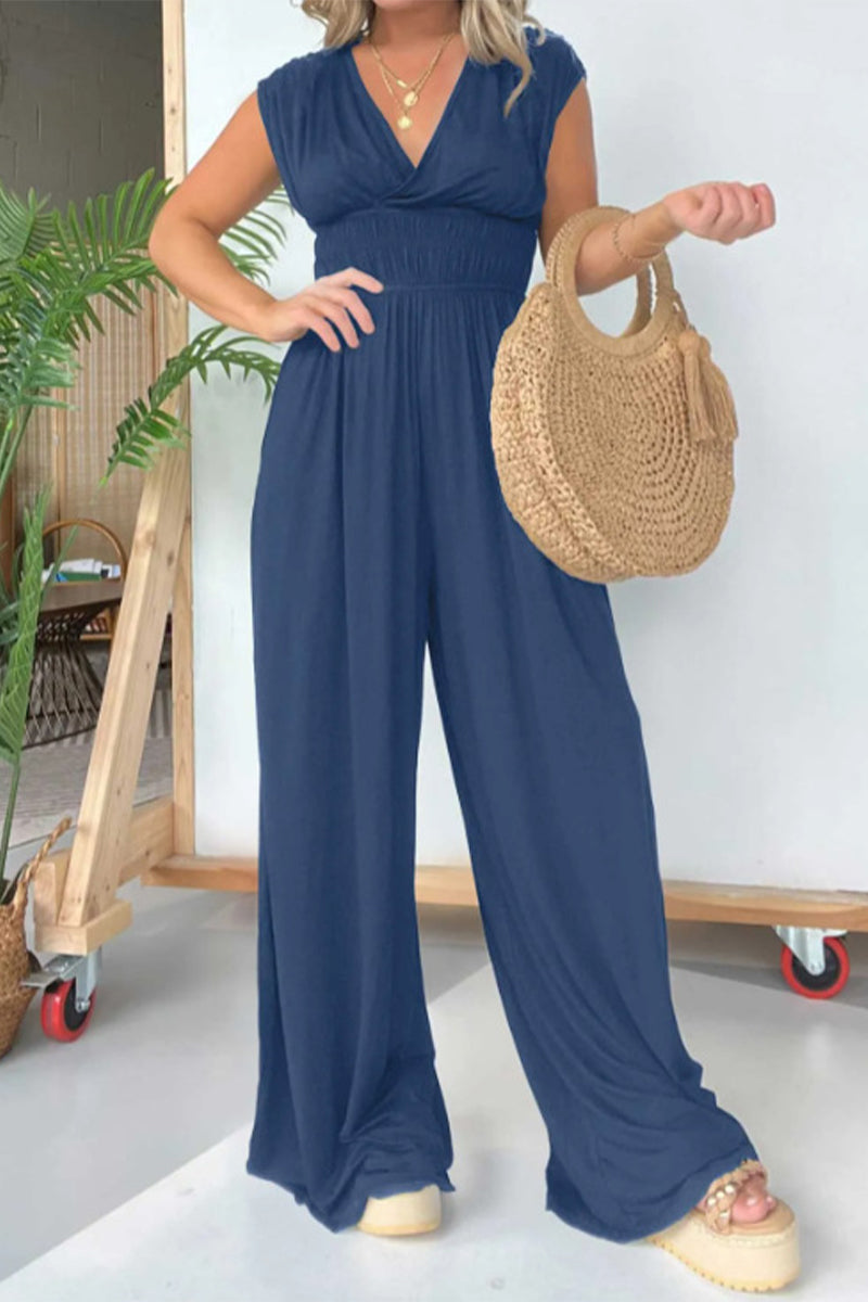 Fold V Neck Loose Jumpsuits