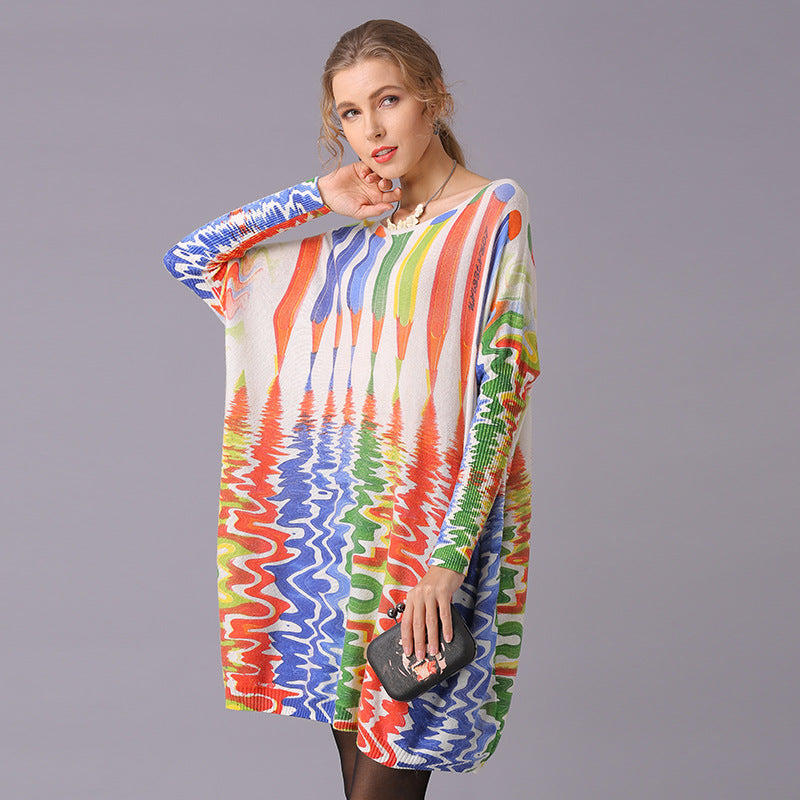 Autumn Winter Sweaters Loose Idle Pencil Print Pullover Mid Length Knitwear