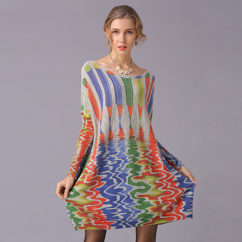 Autumn Winter Sweaters Loose Idle Pencil Print Pullover Mid Length Knitwear