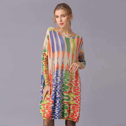 Autumn Winter Sweaters Loose Idle Pencil Print Pullover Mid Length Knitwear
