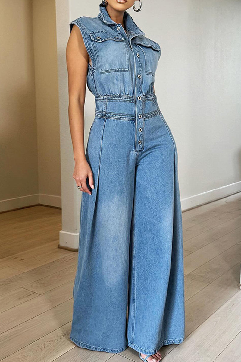 Street Patchwork Pocket Buckle Turndown Collar Sleeveless High Waist Loose Denim Jumpsuits