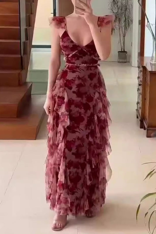 Flowers Flounce V Neck One Step Skirt Dresses