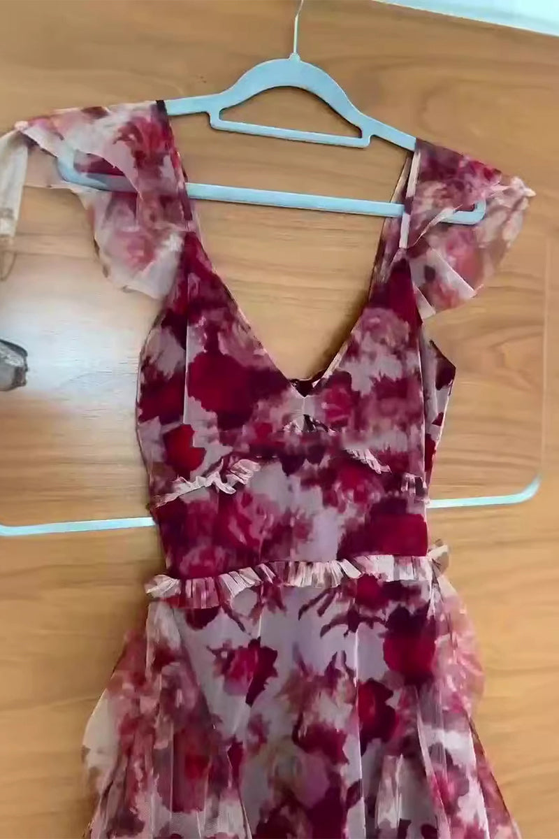 Flowers Flounce V Neck One Step Skirt Dresses