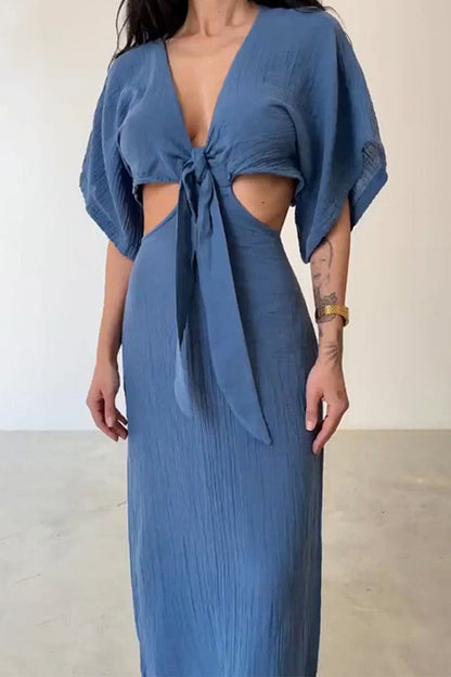 Hollowed Out Frenulum V Neck One Step Skirt Dresses(2 Colors)