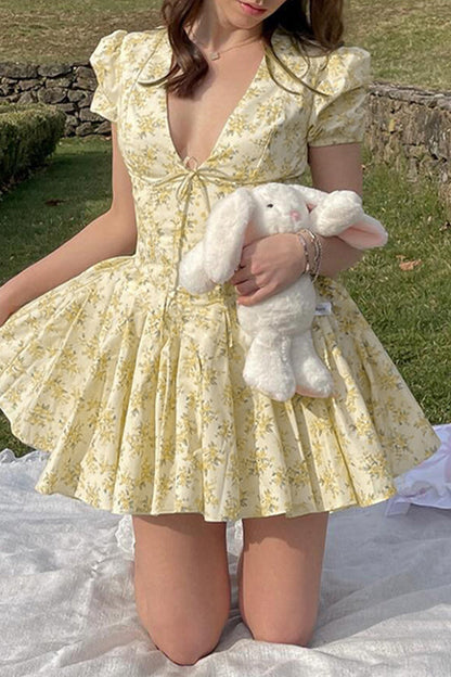 Print Flowers Frenulum Fold V Neck Waist Skirt Dresses